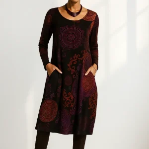 Bohemian midi-jurk met lange mouwen en elegante print – LioraMuse